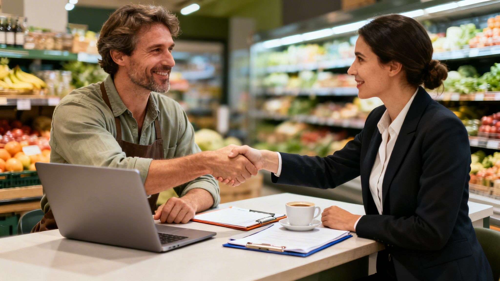 insurance for grocery stores business deal A Grocer's Guide to Insurance for Grocery Stores At the end of the day, your insurance premium tells a story about your business. By actively managing your risks and making informed choices with your agent, you can make sure that story is one of safety and responsibility—getting the right insurance for grocery stores without paying for coverage you don't need. Smiling grocery store owner and businesswoman shake hands over a laptop and documents, sealing a deal.