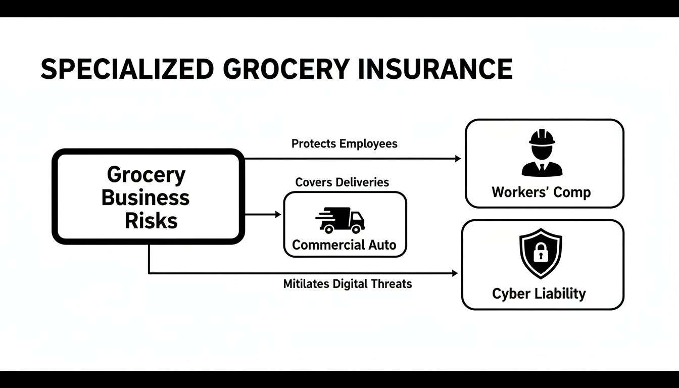 insurance for grocery stores grocery insurance A Grocer's Guide to Insurance for Grocery Stores At the end of the day, your insurance premium tells a story about your business. By actively managing your risks and making informed choices with your agent, you can make sure that story is one of safety and responsibility—getting the right insurance for grocery stores without paying for coverage you don't need. A flowchart illustrating grocery business risks mitigated by Workers' Comp, Commercial Auto, and Cyber Liability insurance.