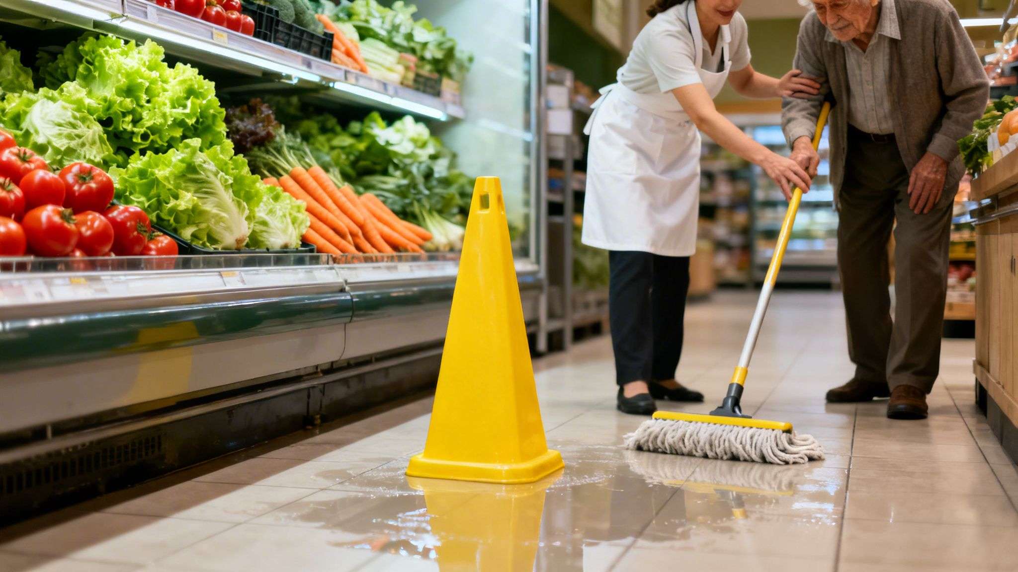 insurance for grocery stores wet floor A Grocer's Guide to Insurance for Grocery Stores At the end of the day, your insurance premium tells a story about your business. By actively managing your risks and making informed choices with your agent, you can make sure that story is one of safety and responsibility—getting the right insurance for grocery stores without paying for coverage you don't need. A grocery store employee mops a wet floor while assisting an elderly man, with a caution cone nearby.