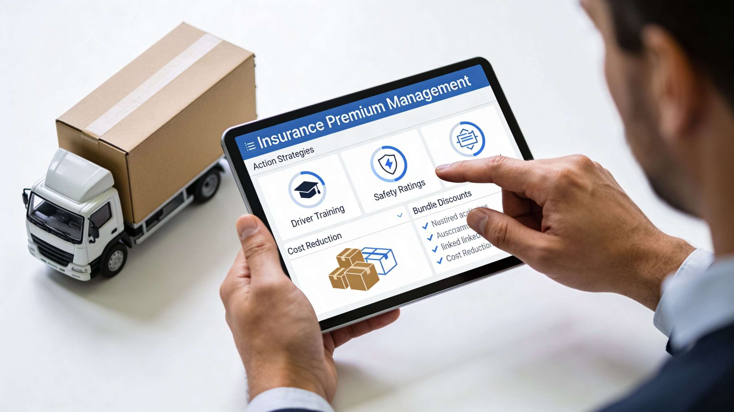 A person holding a tablet showing an insurance premium management dashboard next to a miniature toy truck.