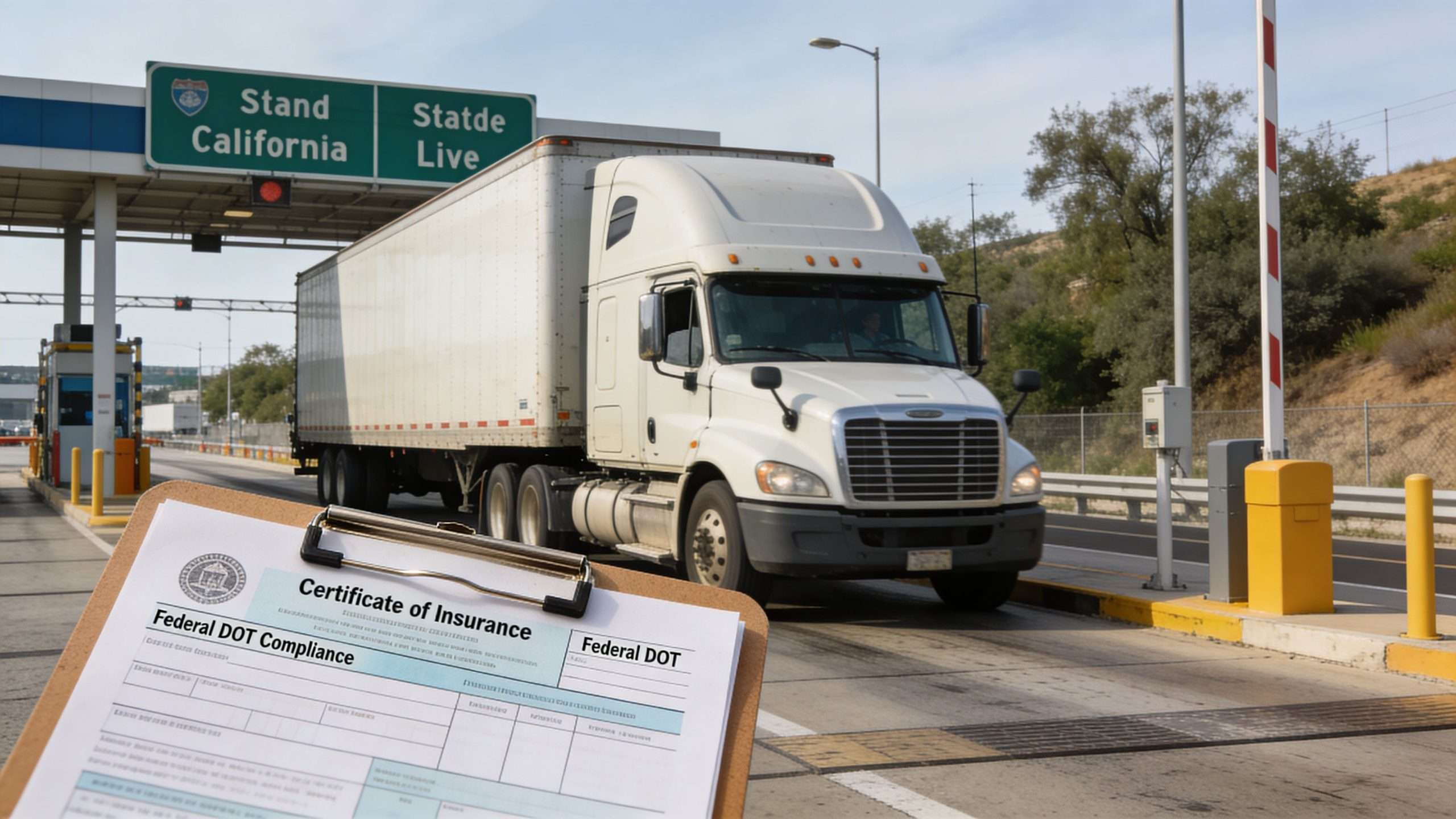 A close-up view of a Federal DOT insurance form held in front of a commercial semi-truck.