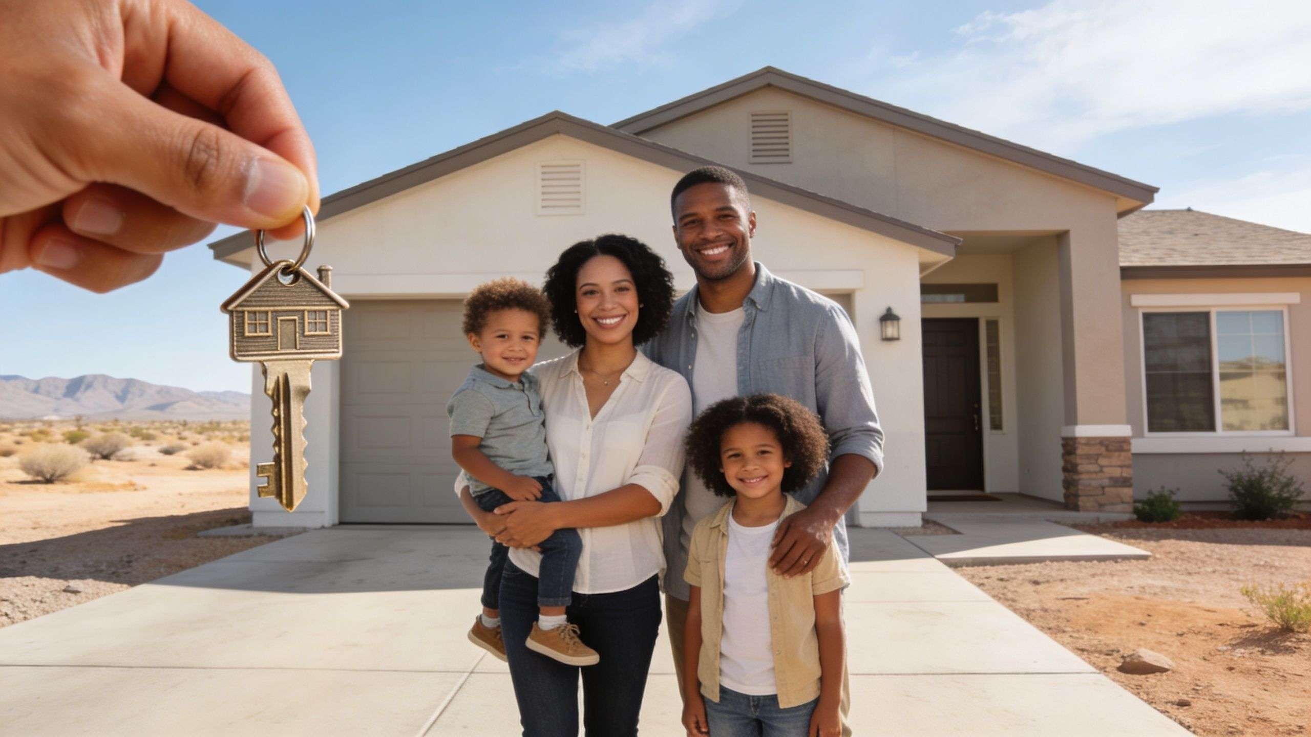 A happy family standing in front of their new home while receiving the house keys.