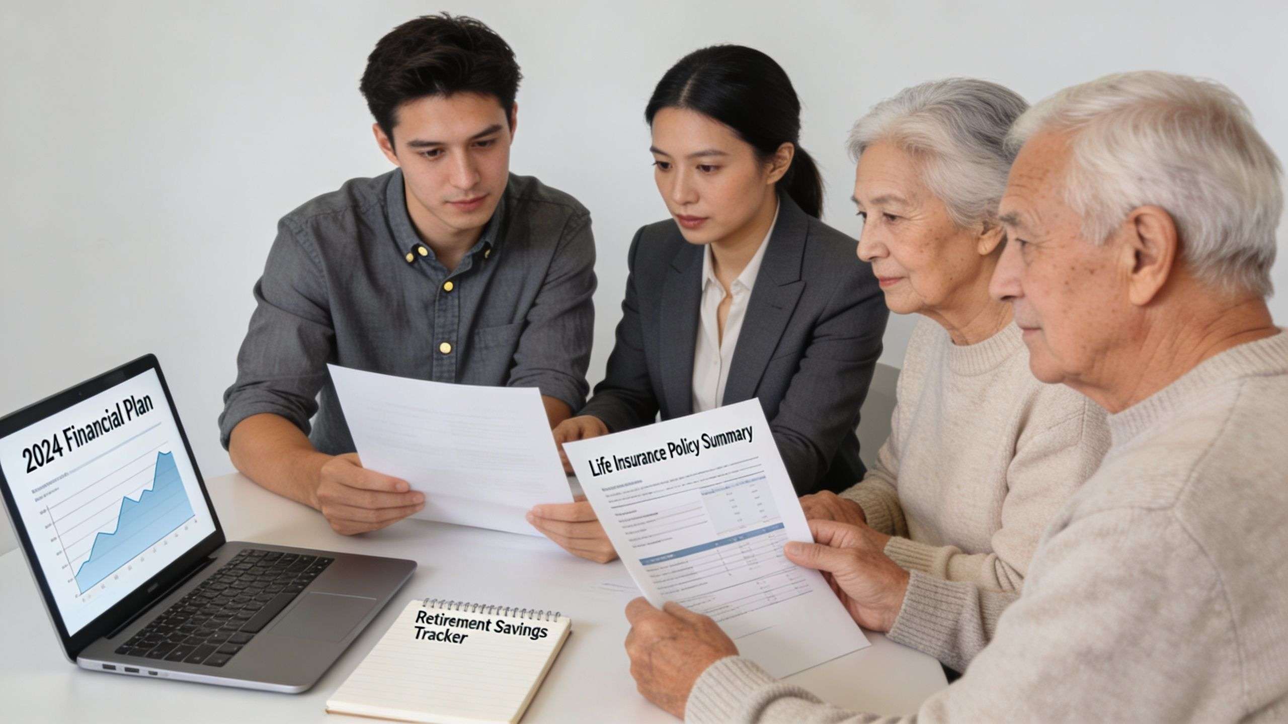 A financial advisor discusses life insurance and retirement planning with a senior couple and a young man.
