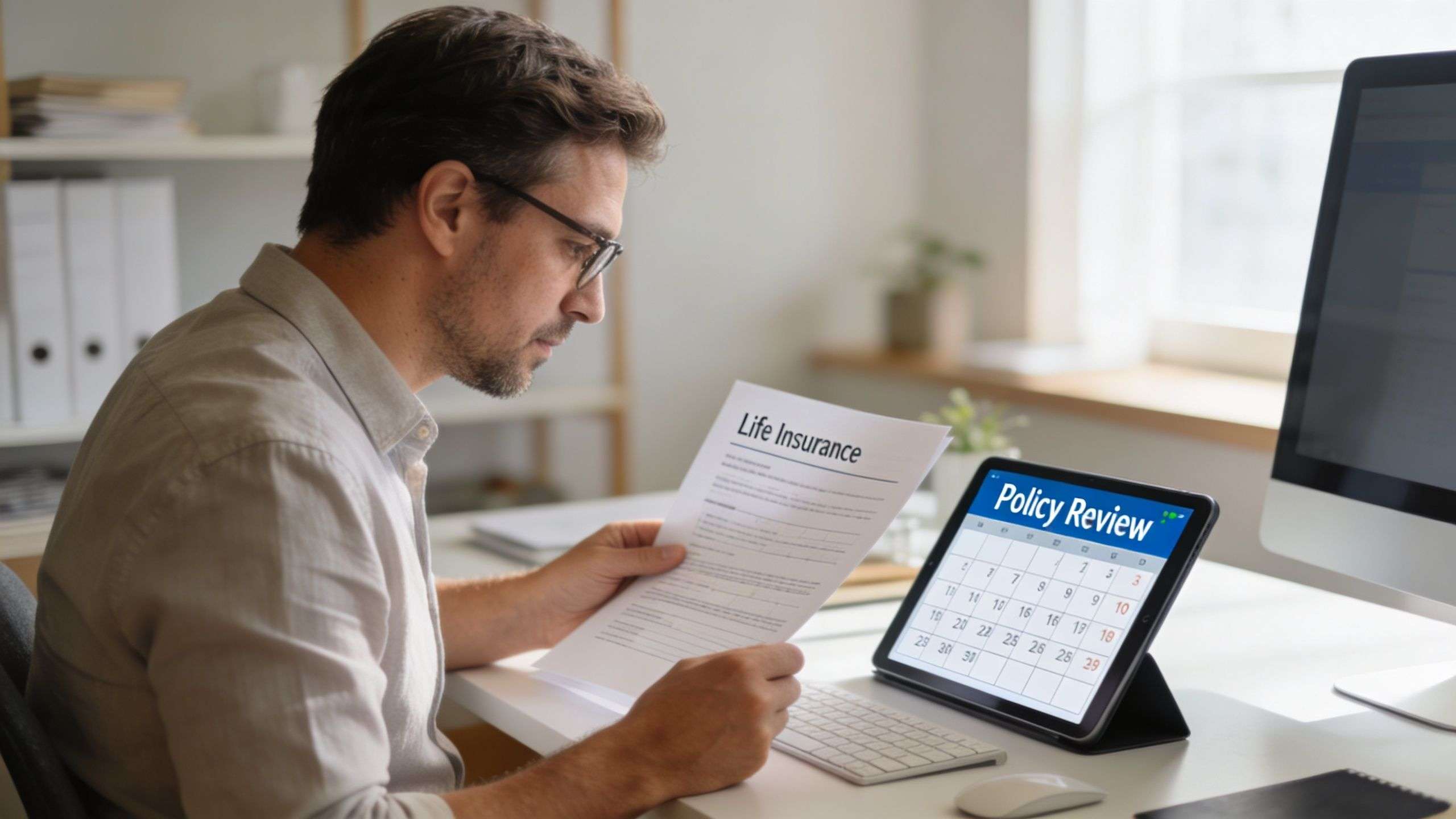 A professional man reviewing his life insurance policy documents while using a digital tablet at his desk.
