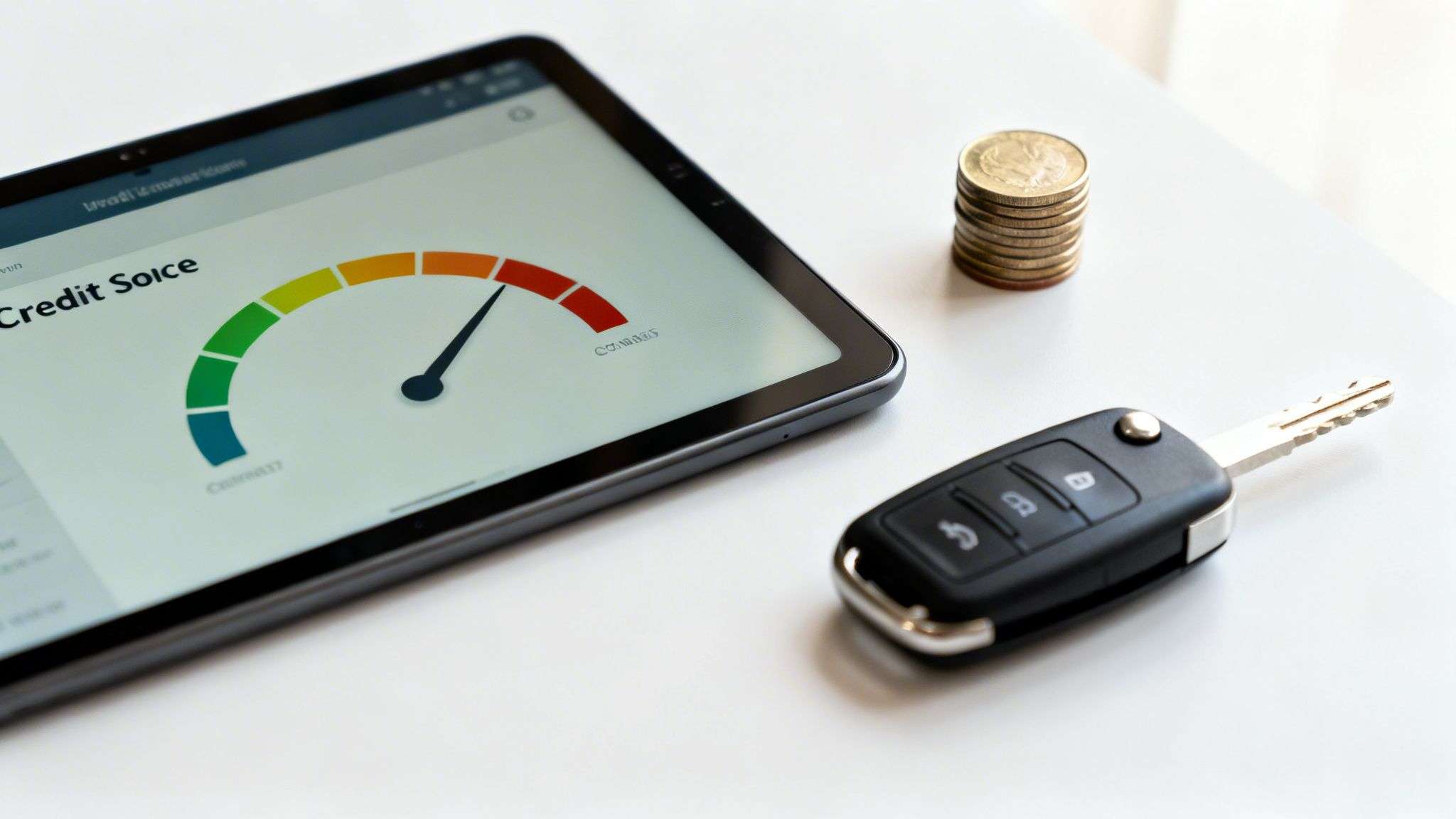 A tablet displays a low credit score gauge, car key, and coins, representing car finance.