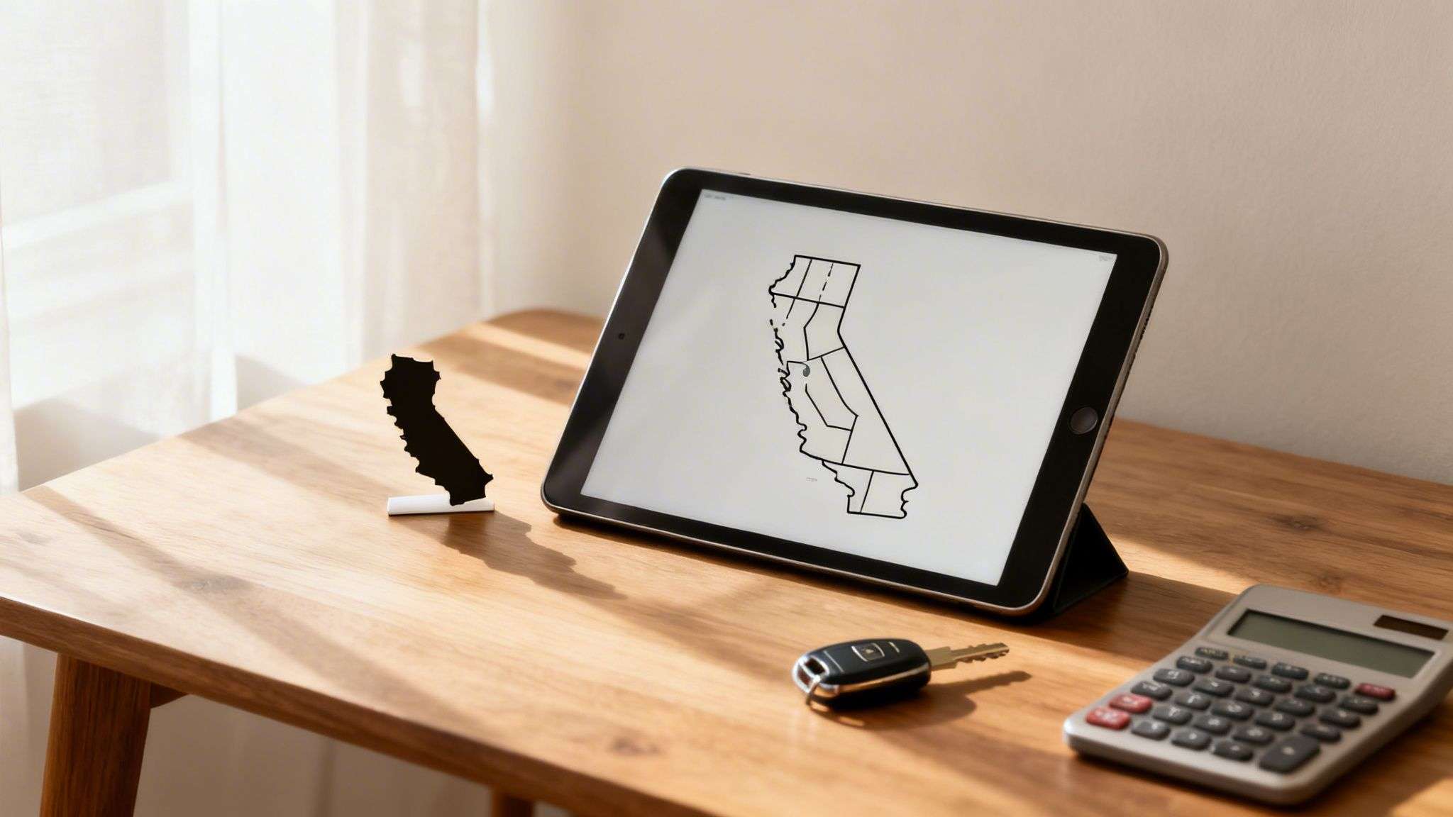 A tablet showing a California map, a car key, and a calculator on a wooden desk.