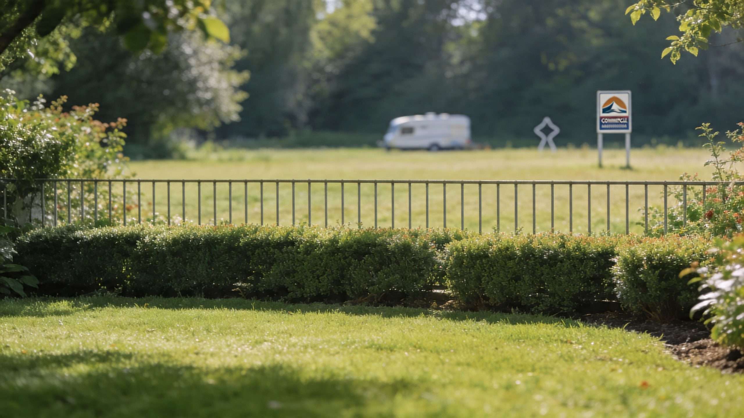 A serene view of a lush green lawn, a metal fence, and a distant caravan in a field.