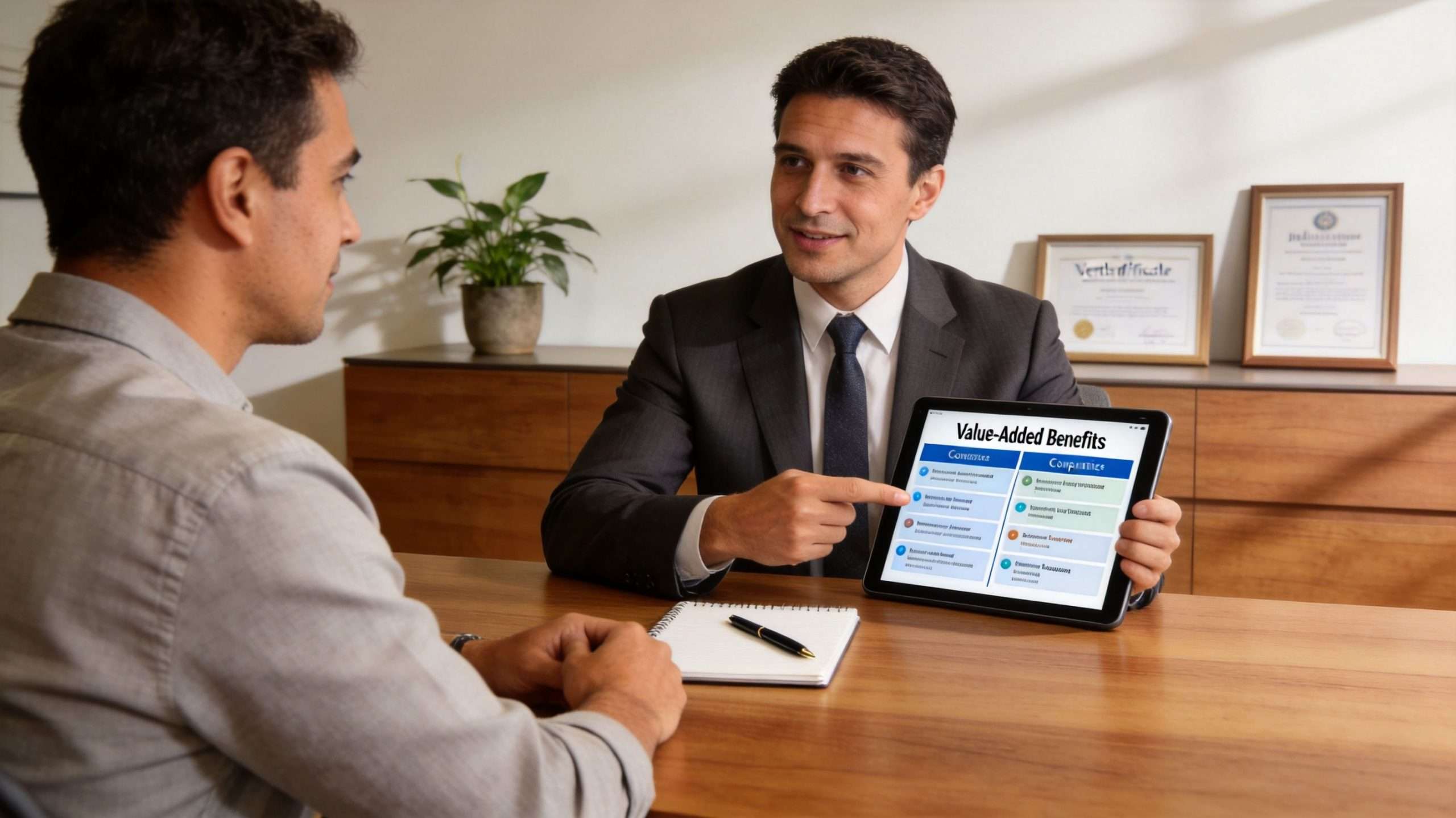 A professional financial advisor explains value-added insurance benefits to a client using a digital tablet.