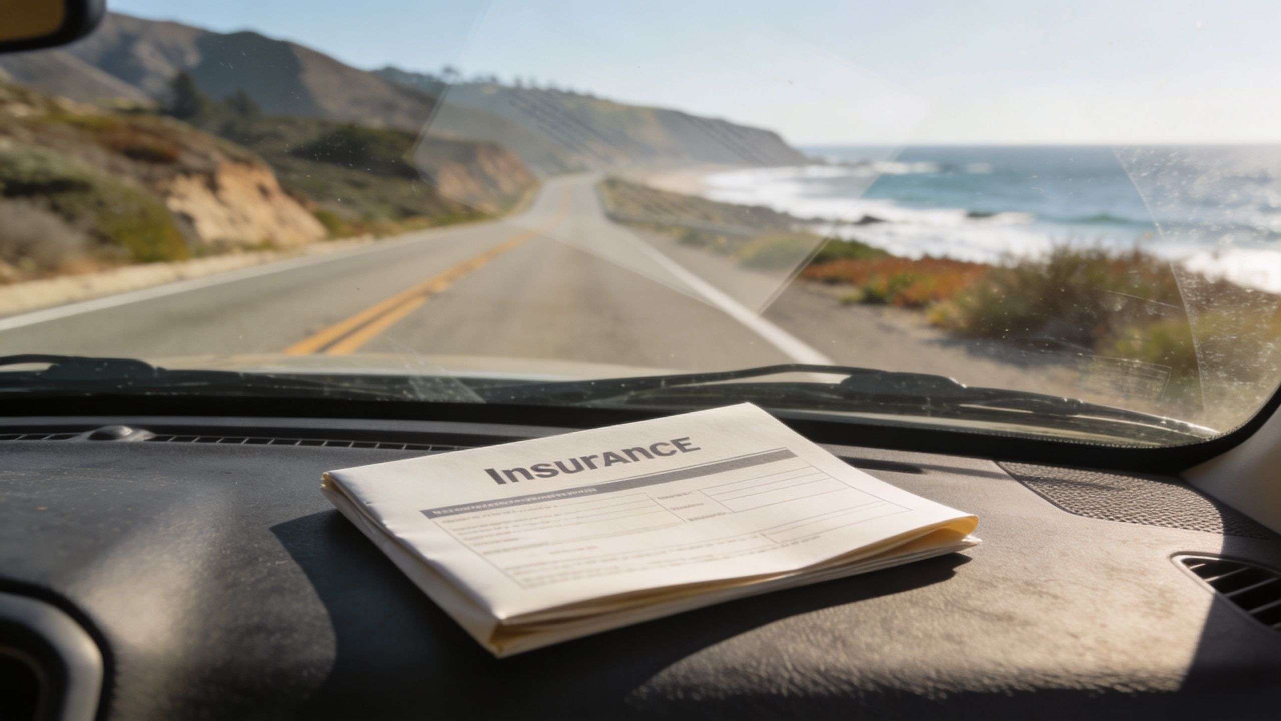 A car insurance document resting on a car dashboard while driving on a scenic coastal road.
