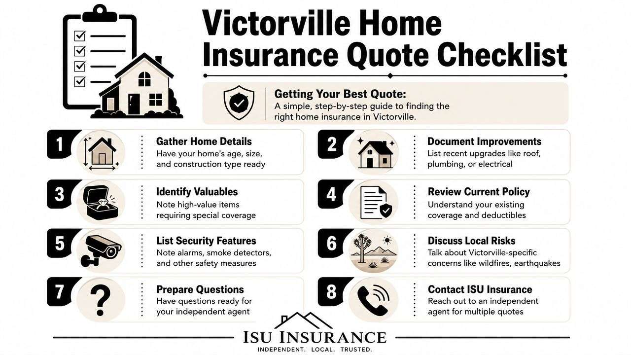 image 4 Homeowners Insurance in Victorville CA: Best Rates 2026 If you're shopping for Homeowners Insurance in Victorville CA, don't treat this like a commodity purchase. A cheap policy that leaves out the risks that matter in the High Desert can cost you far more than a higher premium ever would. The smart move is to understand what the policy does, what it leaves out, and what underwriters are looking at when they decide whether they even want the risk. Your Checklist for Getting the Right Quote in Victorville