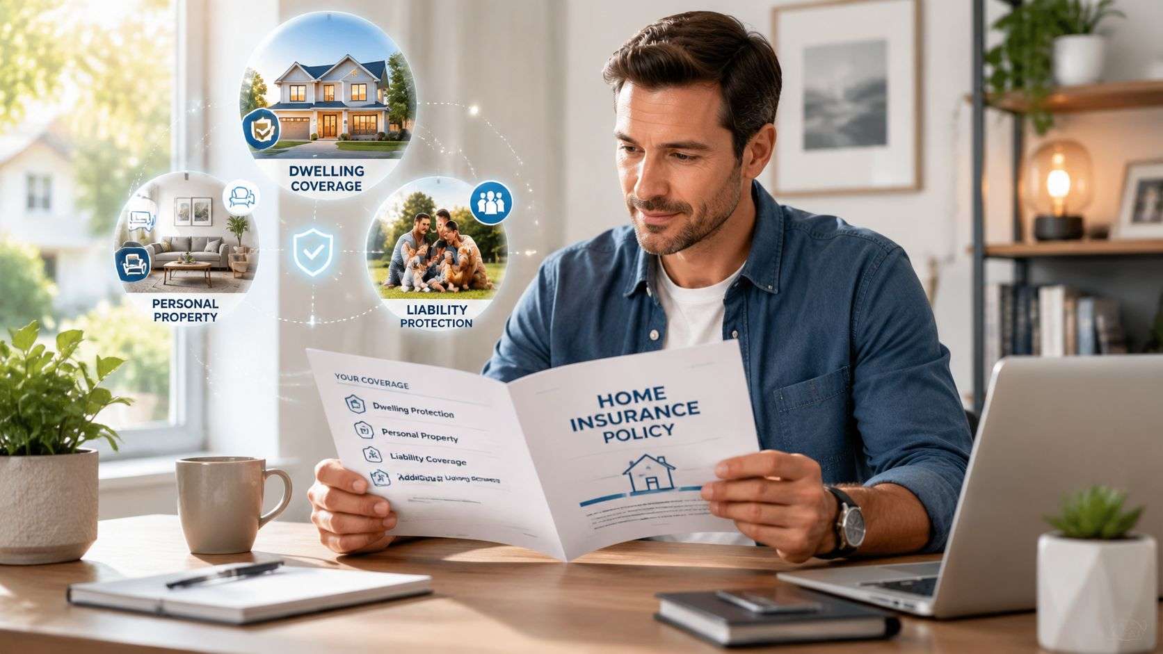 A man smiling while reading a home insurance policy document with visual icons explaining coverage options.