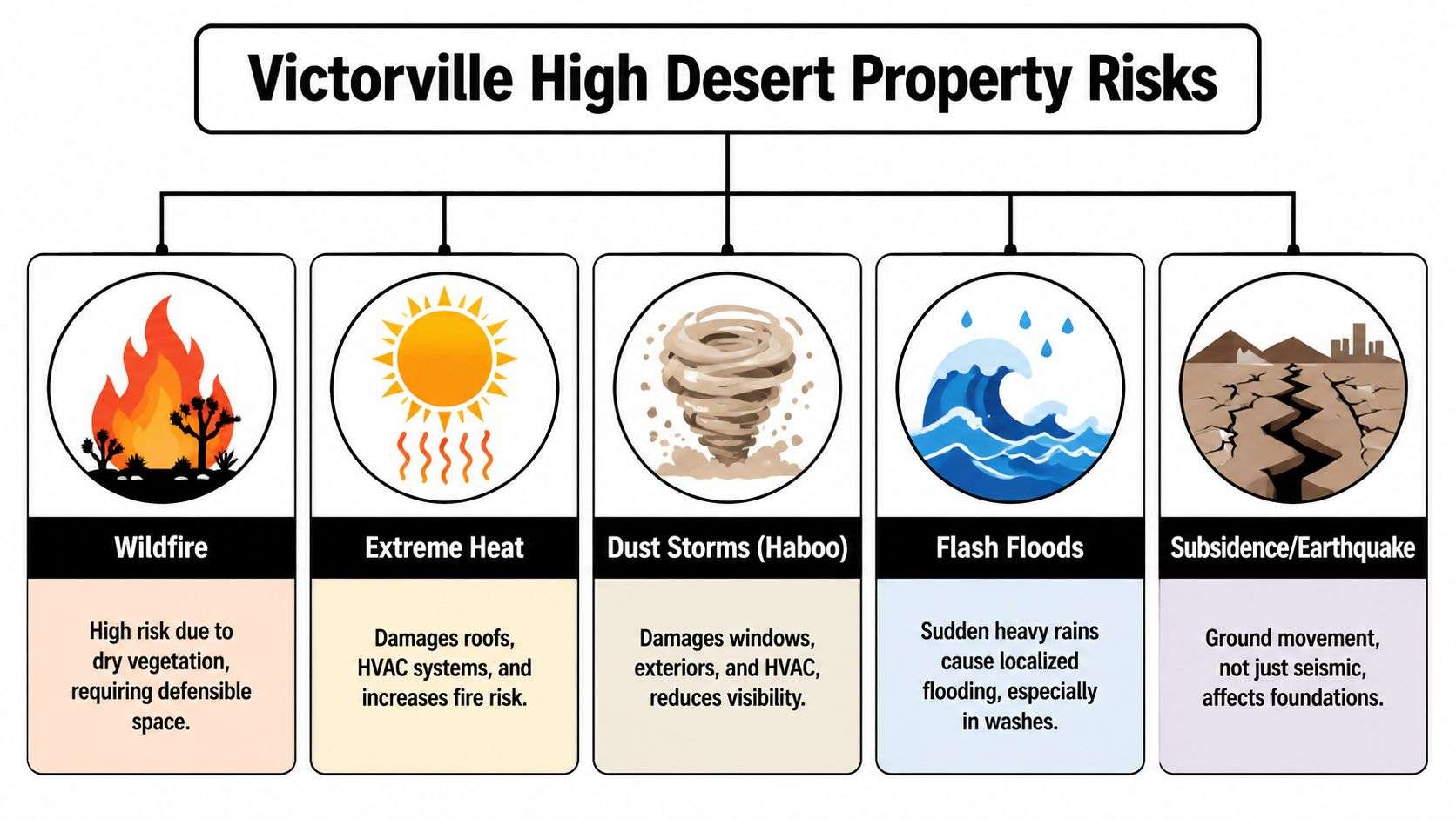 A diagram outlining five common property risks in the Victorville high desert, including wildfires, heat, and flooding.