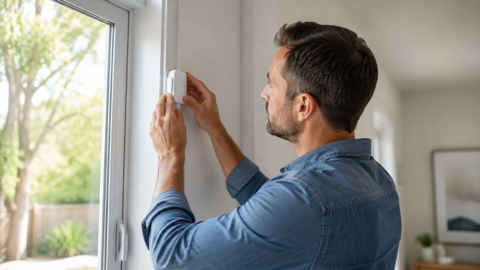 A man installing a white wireless security sensor on the window frame of his home.