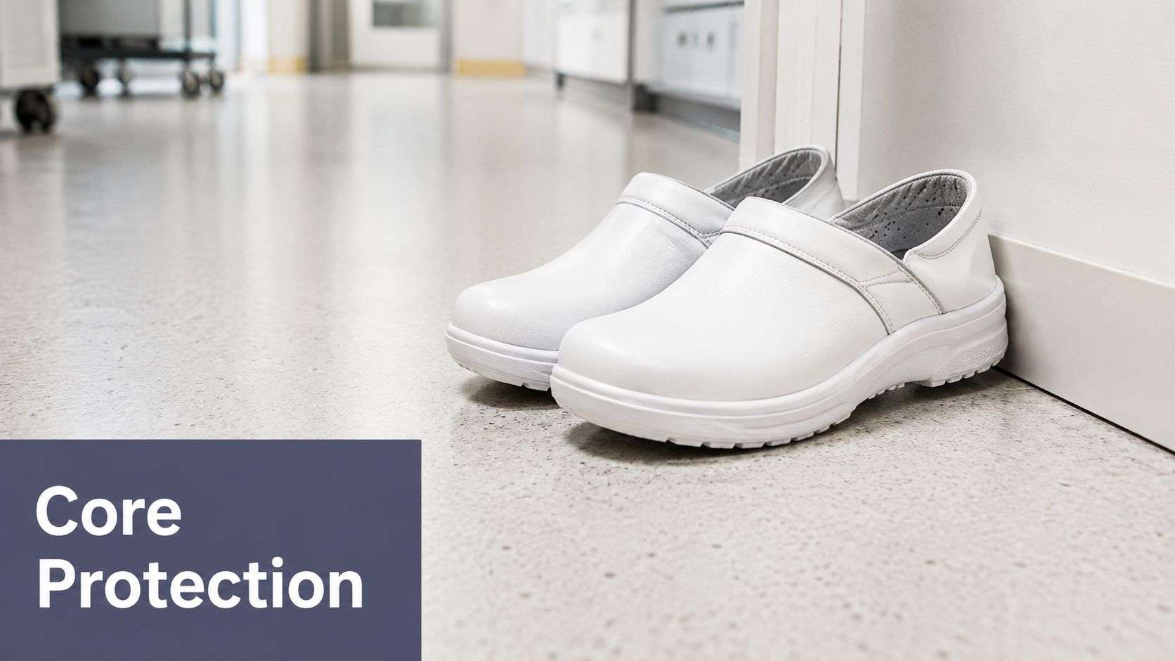 A pair of clean white professional medical shoes resting on a bright, sterile hospital floor.