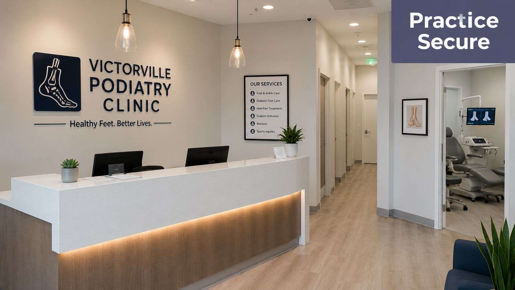 A modern and bright medical office reception desk for a podiatry clinic in Victorville.