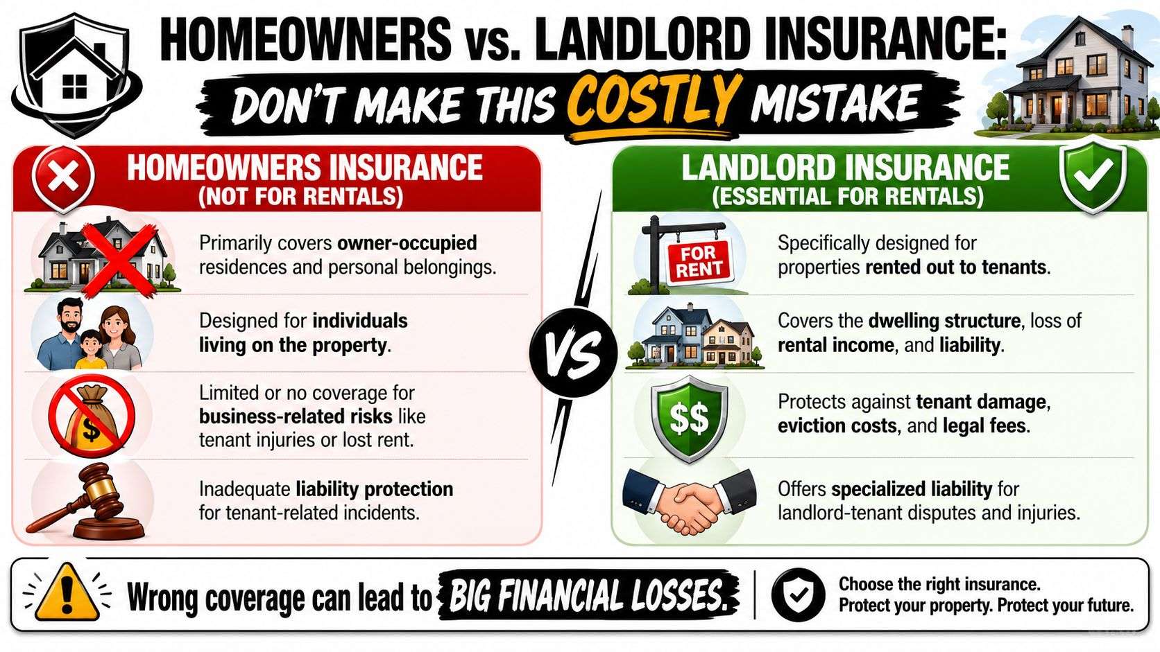 rental property insurance in victorville ca insurance comparison Rental Property Insurance in Victorville CA That last part matters. A rental isn't just a house with a tenant in it. It's a structure you have to rebuild if there's a major loss, a liability exposure if someone gets hurt, and an income stream that can stop overnight after a covered claim. In Victorville, that math isn't small. Data USA reports Victorville's median property value at $385,600 in 2024, with Realtor.com reporting a median rent of $2,500. That's exactly why Rental Property Insurance in Victorville CA shouldn't be treated like a box-checking exercise. A comparative infographic explaining the key differences between homeowners insurance and landlord insurance for rental properties.