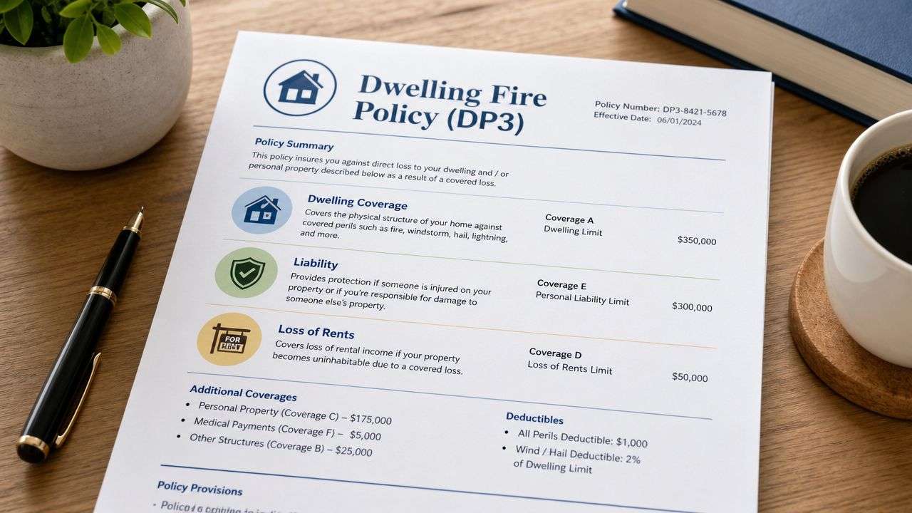 rental property insurance in victorville ca insurance policy Rental Property Insurance in Victorville CA That last part matters. A rental isn't just a house with a tenant in it. It's a structure you have to rebuild if there's a major loss, a liability exposure if someone gets hurt, and an income stream that can stop overnight after a covered claim. In Victorville, that math isn't small. Data USA reports Victorville's median property value at $385,600 in 2024, with Realtor.com reporting a median rent of $2,500. That's exactly why Rental Property Insurance in Victorville CA shouldn't be treated like a box-checking exercise. A printed Dwelling Fire insurance policy document placed on a wooden desk with a pen and coffee.