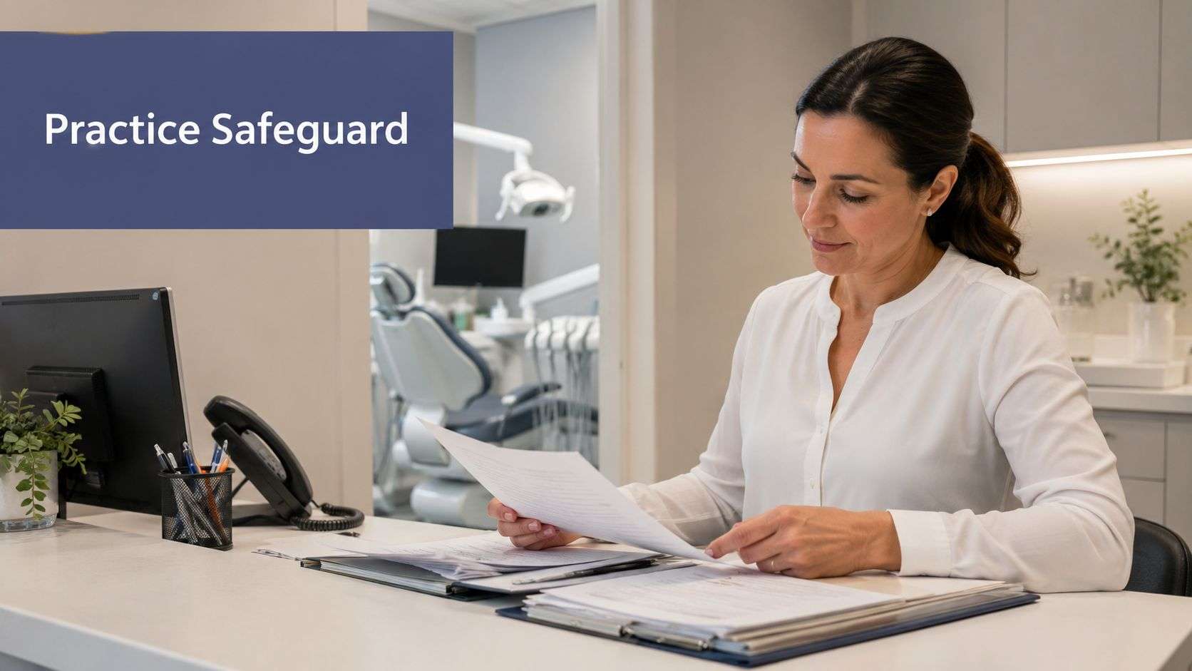 A professional receptionist reviewing documents at a clean desk in a modern dental office setting.