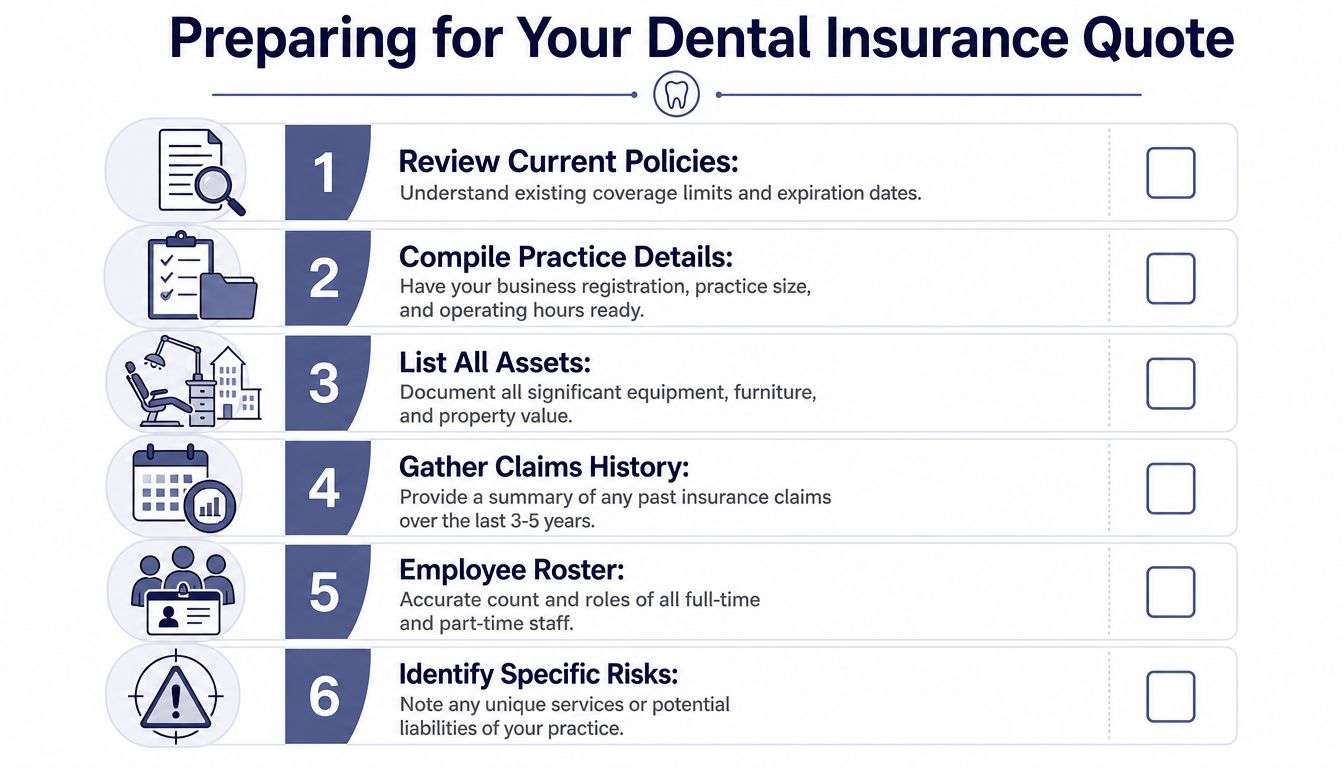 A checklist infographic titled Preparing for Your Dental Insurance Quote with six essential steps for dentists.