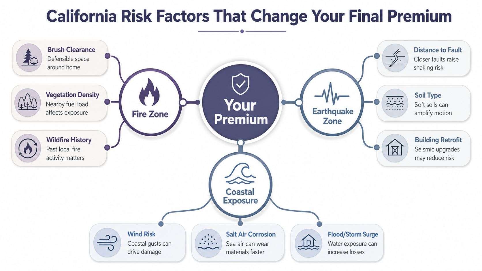A diagram illustrating the risk factors in California, including fire zones, earthquake zones, and coastal exposure risks.