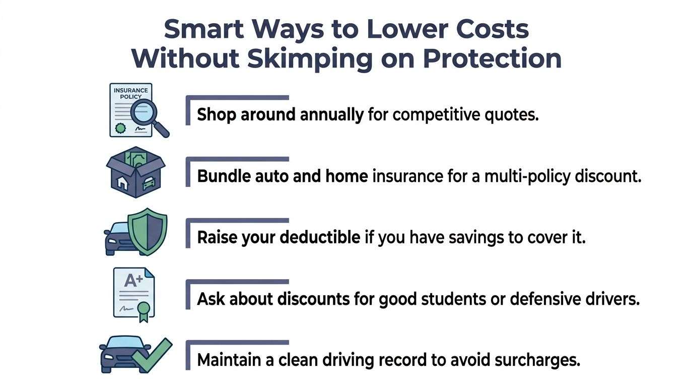 An infographic titled Smart Ways to Lower Costs Without Skimping on Protection, listing five insurance-saving tips.