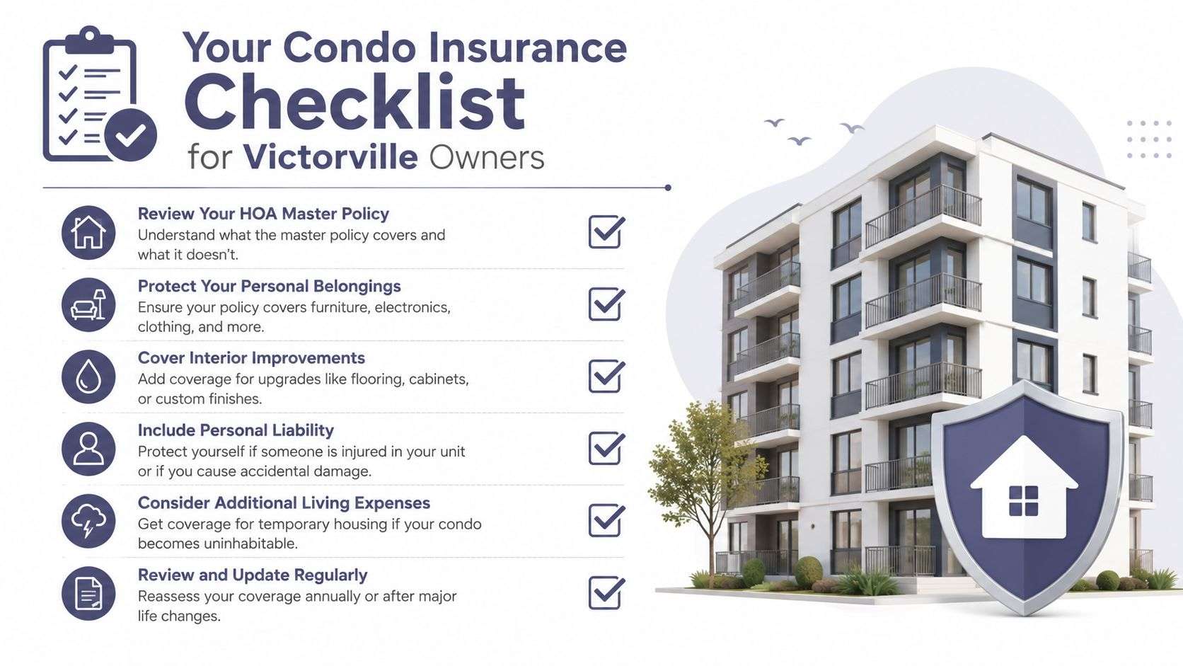A checklist infographic titled Your Condo Insurance Checklist for Victorville Owners with icons and a condo building.