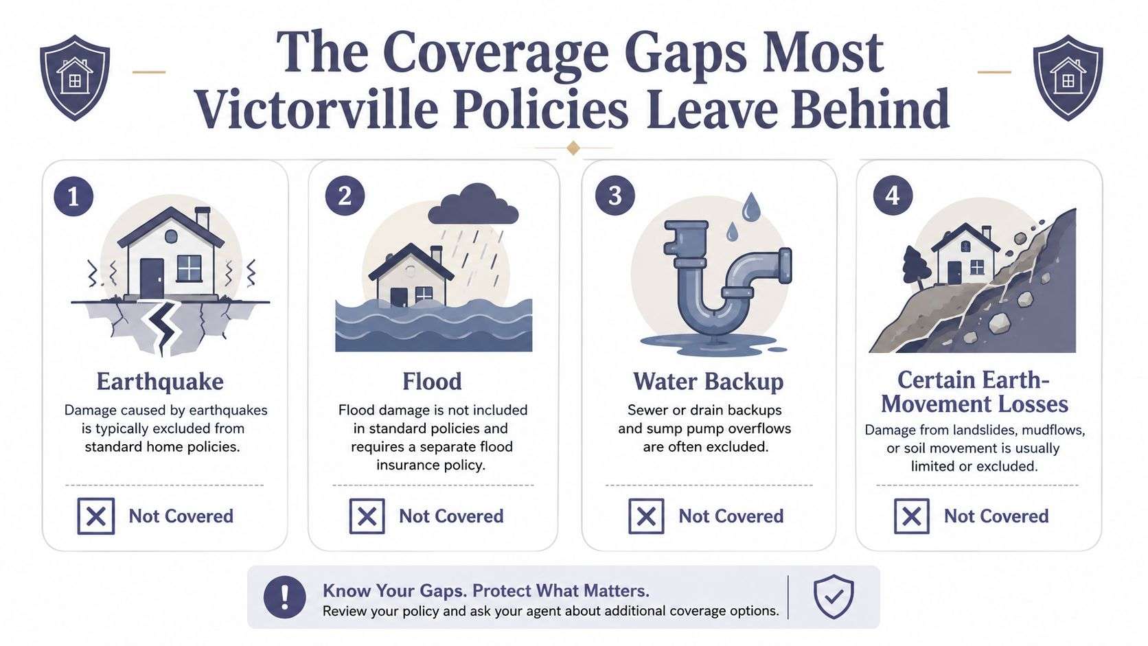 An infographic showing common coverage gaps in Victorville home insurance policies, including earthquakes, floods, and water damage.