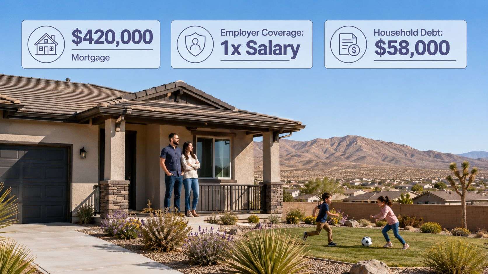 how to choose life insurance family home How to Choose Life Insurance: A California Buyer's Guide That question is the proper starting point for how to choose life insurance. The right policy isn't automatically the cheapest policy, the largest policy, or the one with the most features. It's the policy that closes the financial gap between what your family would need and what your existing assets and coverage would provide. A happy family standing in front of their modern suburban home with financial summary text overlays above.