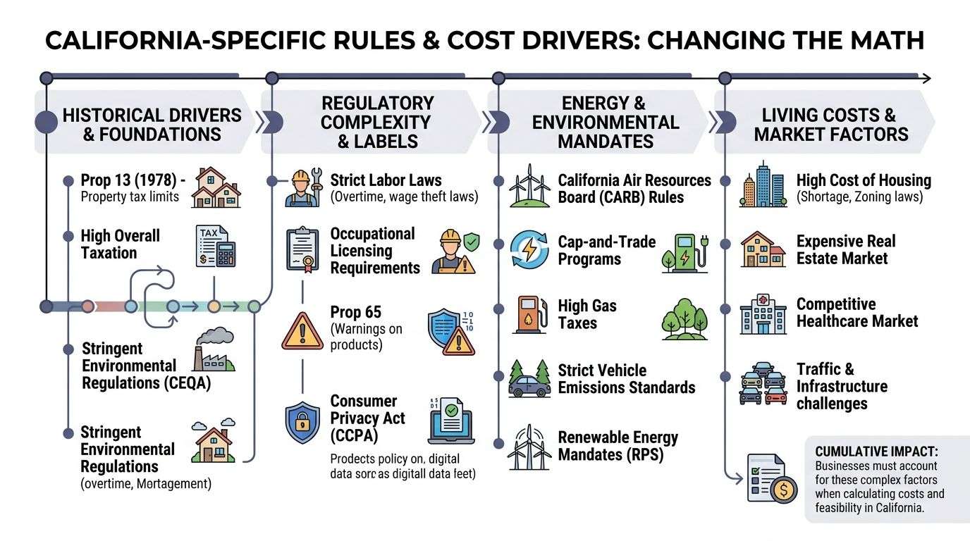 A diagram illustrating California-specific regulatory and market factors that influence business operating costs and economic feasibility.