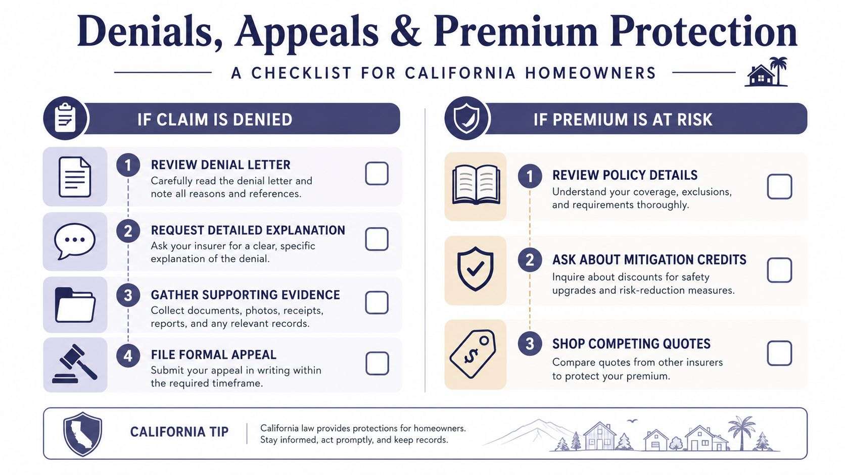 A checklist for California homeowners detailing steps to handle insurance claim denials and protect against premium increases.