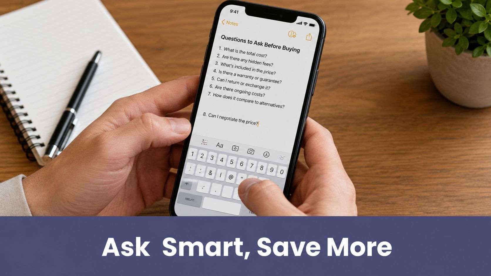 A person holding a smartphone displaying a checklist of questions to ask before making a purchase.
