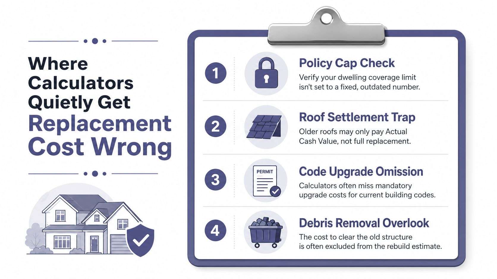 A clipboard infographic titled Where Calculators Quietly Get Replacement Cost Wrong, showing four common insurance estimation pitfalls.