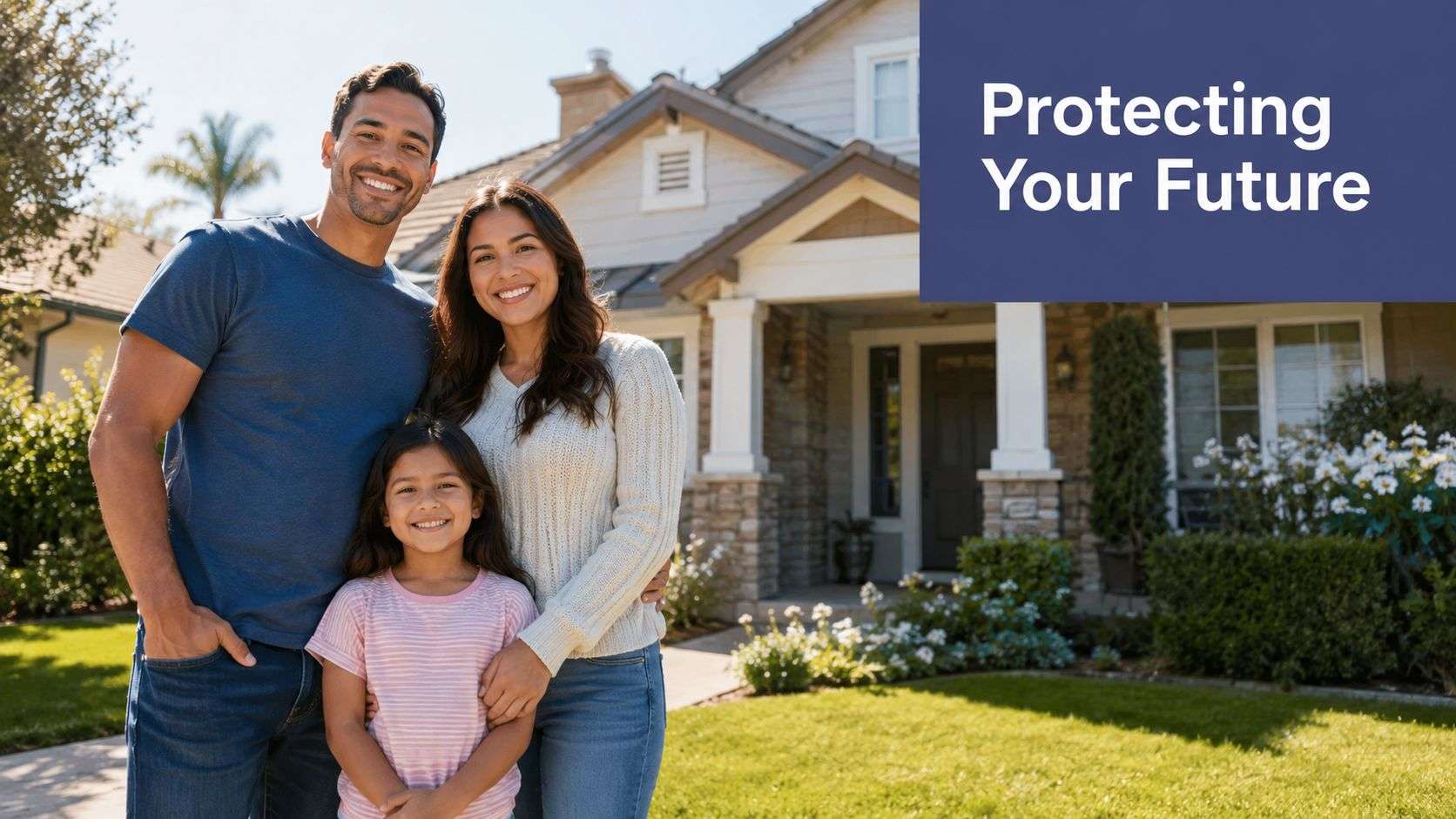 term life insurance california family home Term Life Insurance California: A Complete Guide for 2026 You're sitting at the kitchen table in Victorville, adding up the mortgage, car payments, childcare, and the income your family relies on. The uncomfortable question is simple: if you died unexpectedly, how long could your household keep its footing? Term life insurance can give your beneficiaries a tax-free death benefit during a selected coverage period, creating a practical bridge through the years when your family depends most on your paycheck. A happy family standing in front of their home with the text Protecting Your Future overlayed.