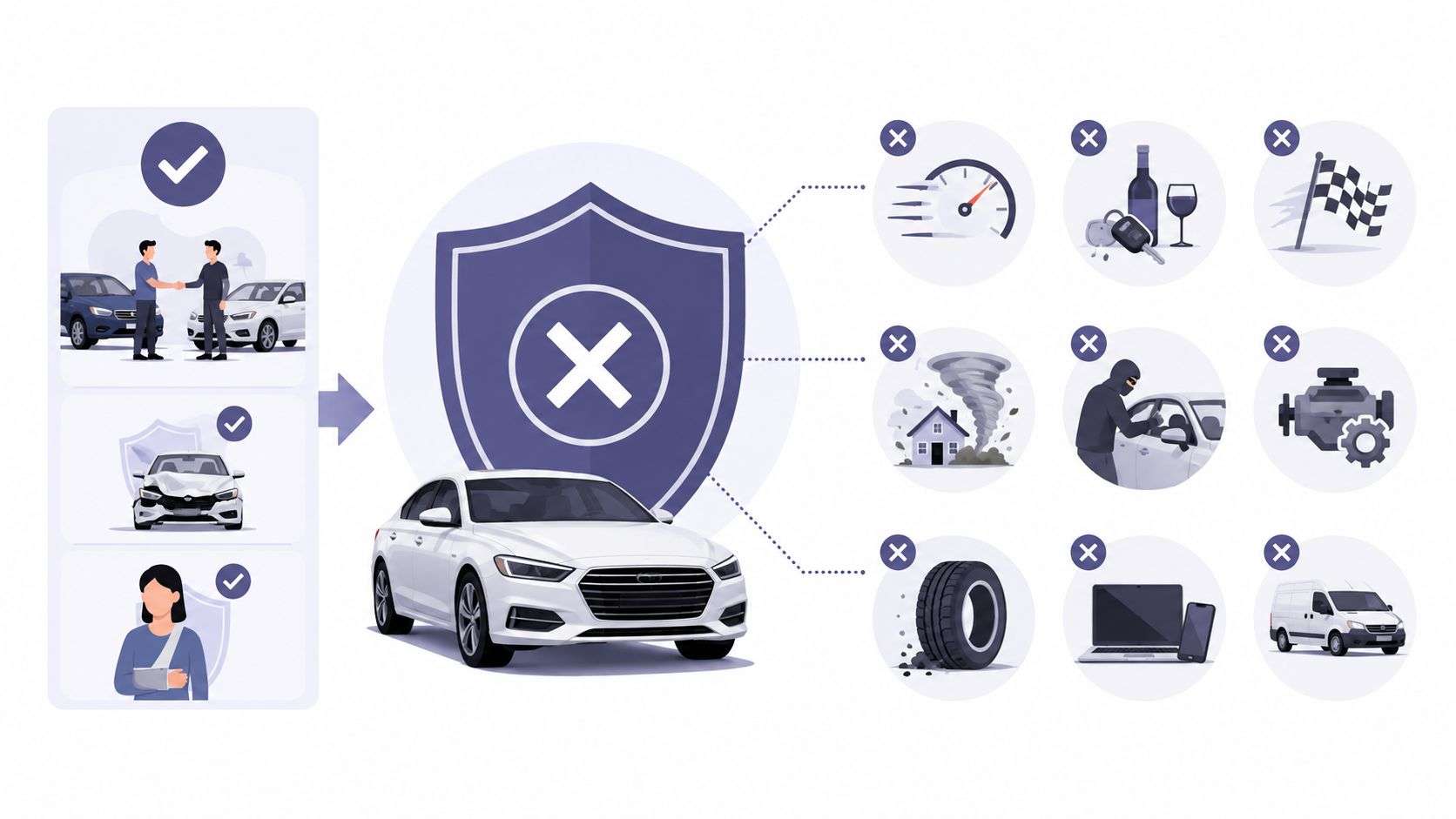 An infographic illustrating what liability car insurance typically covers and common exclusions for vehicle policies.