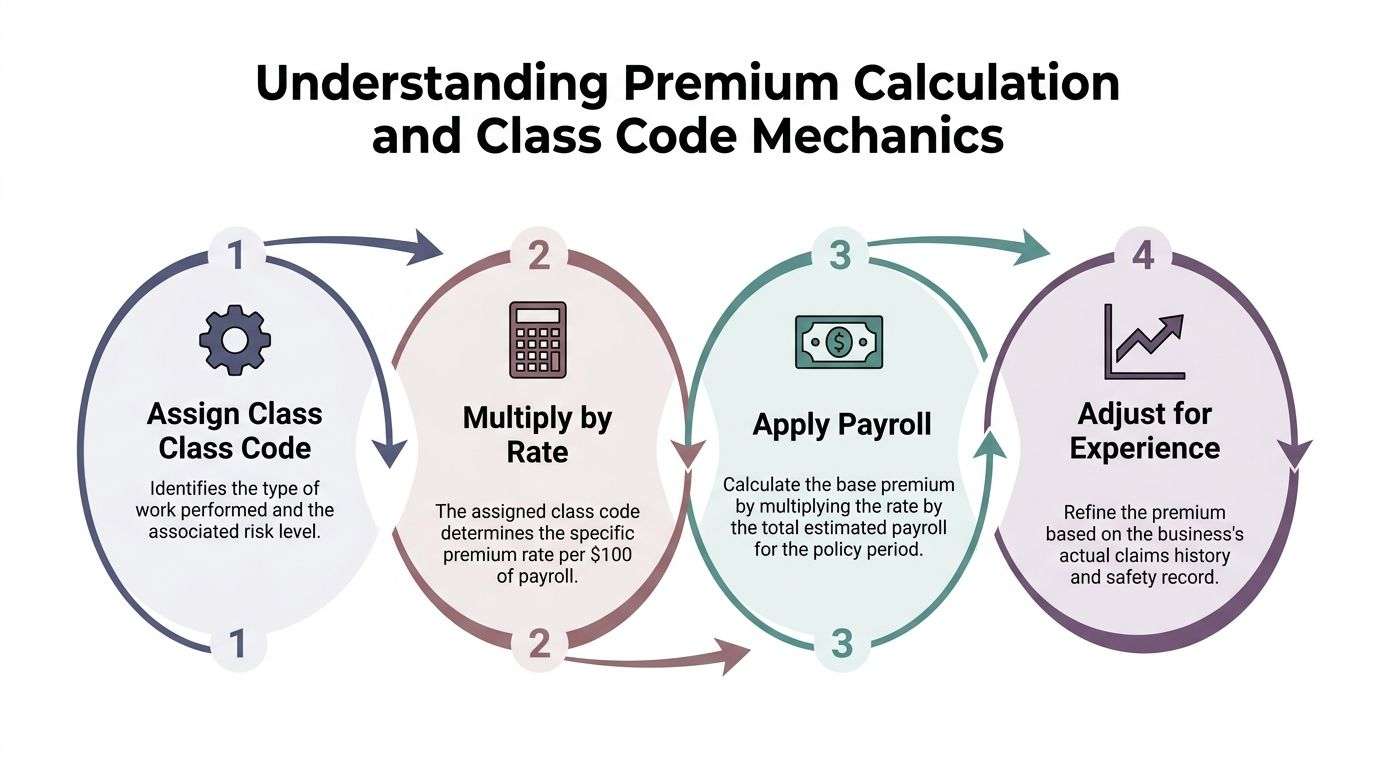 workers compensation insurance virginia premium calculation Workers Compensation Insurance Virginia: A Complete Employer Workers compensation insurance Virginia employers buy isn't just a policy sitting in a file. It's a compliance obligation tied to workforce structure, job duties, payroll, statutory benefits, and medical reimbursement rules. The practical approach is to audit the mechanics before an injury or premium audit exposes a gap. A four-step infographic explaining how workers compensation premiums are calculated using class codes and payroll metrics.