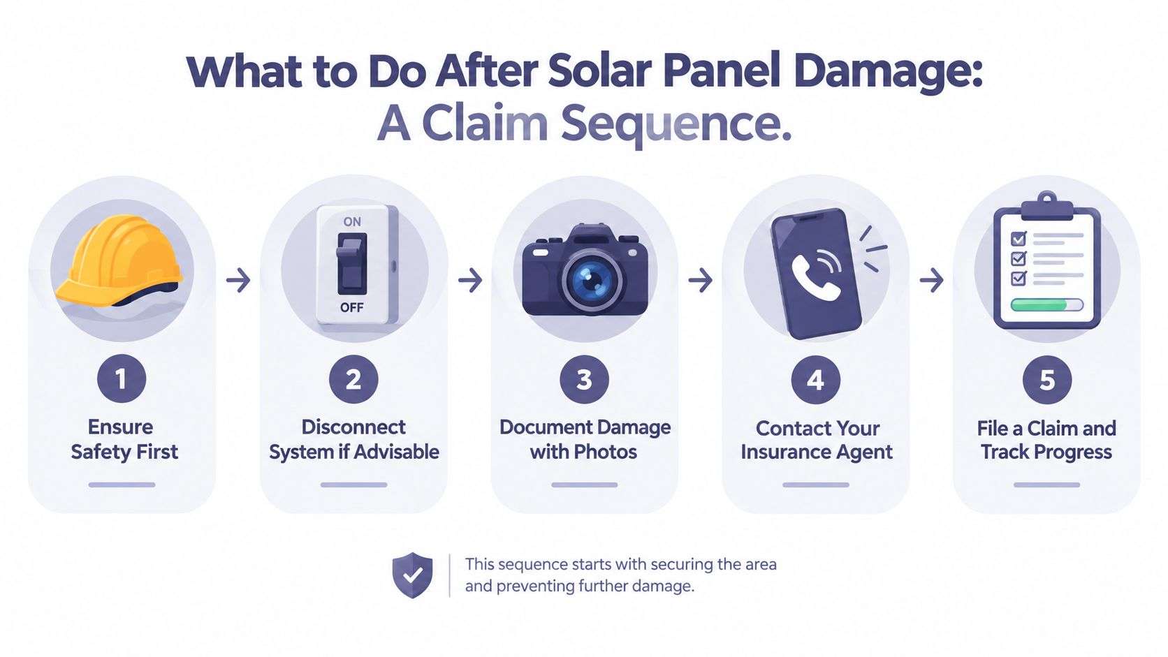 A step-by-step infographic showing the five-step process to follow after discovering damage to home solar panels.