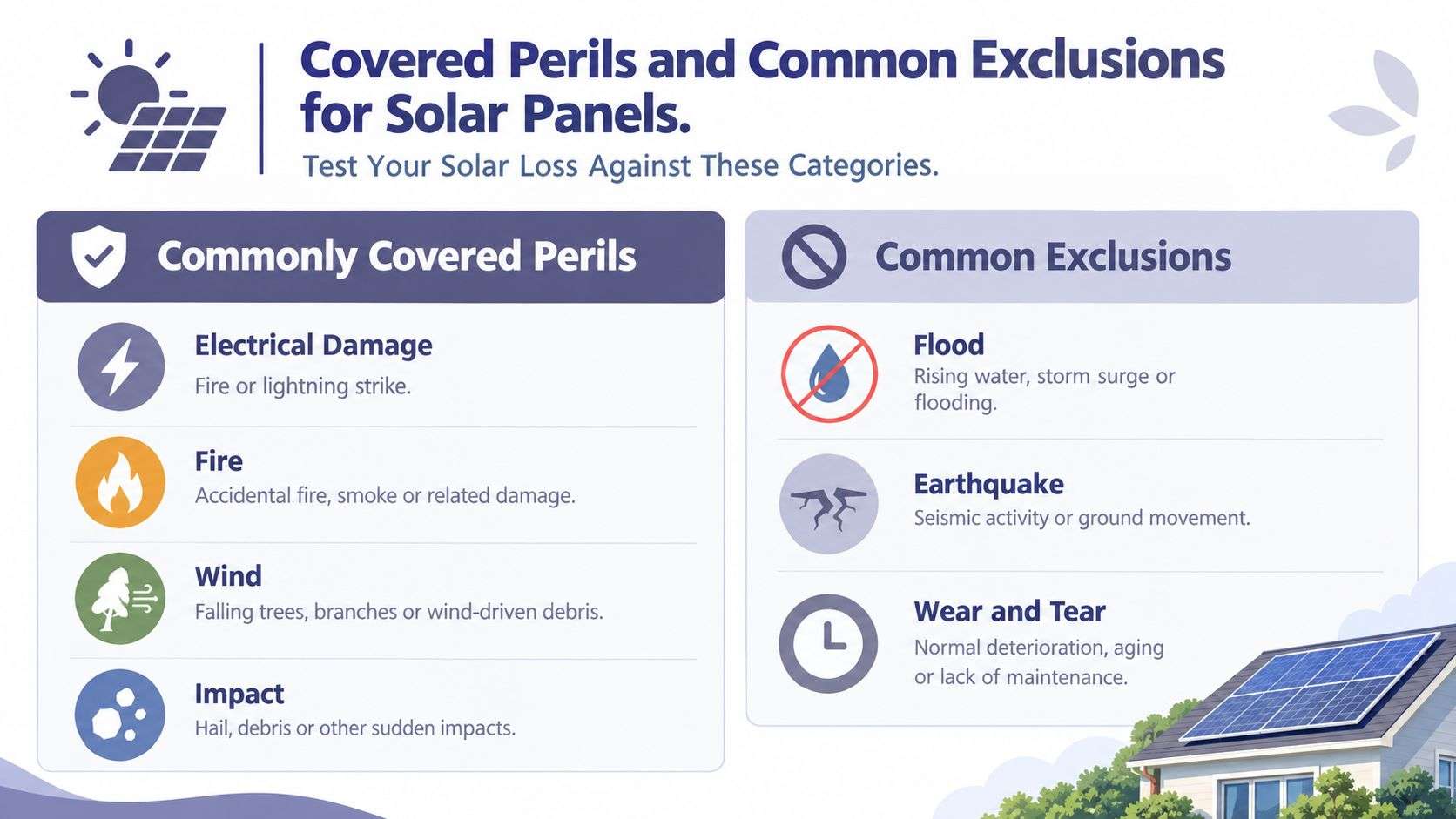 A chart illustrating insurance coverage for solar panels by listing commonly covered perils and common exclusions.