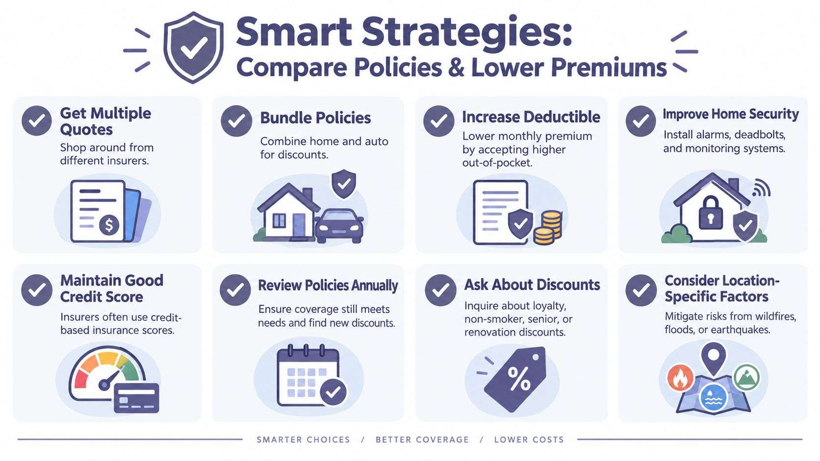 An infographic detailing smart strategies to compare insurance policies and lower your monthly premium costs effectively.