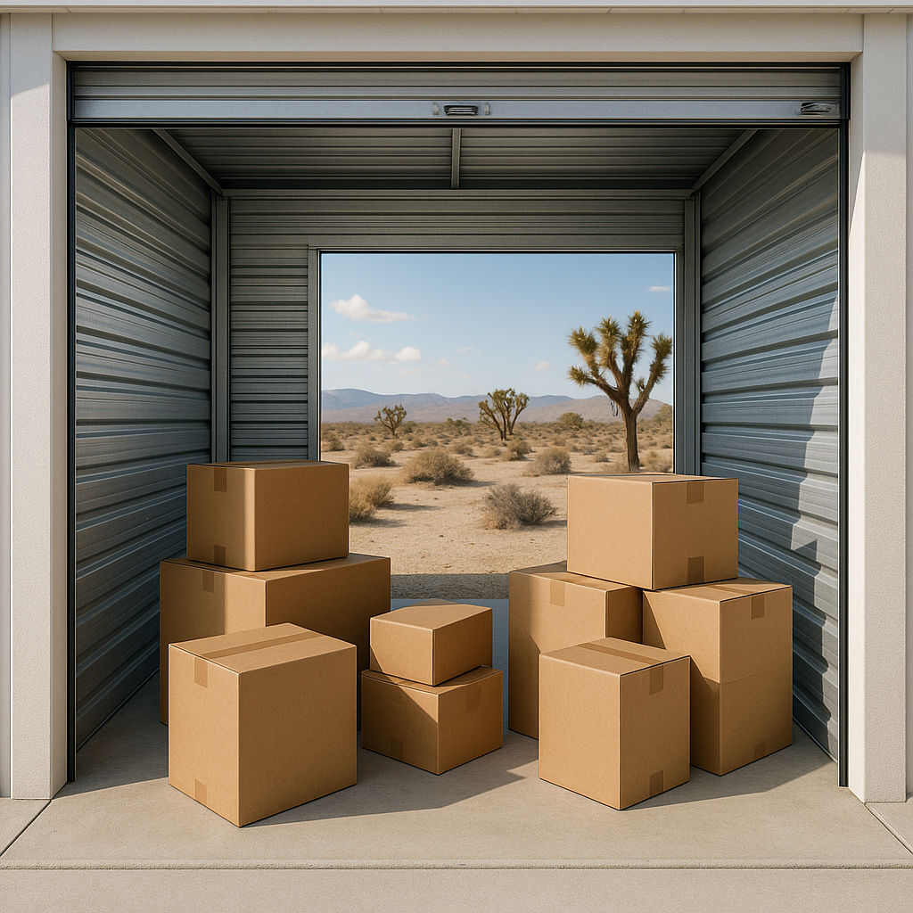 blog 5 Blog Blog Home Blog Moving boxes inside a self-storage unit with a bright, secure interior in the California High Desert